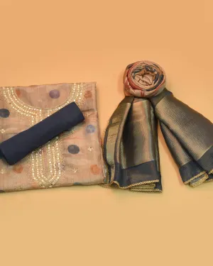 Beige With Blue Silk Tissue Blend Printed With Hand Embroidery Unstitched Suit Fabric Set With Silk Tissue Blend Dupatta