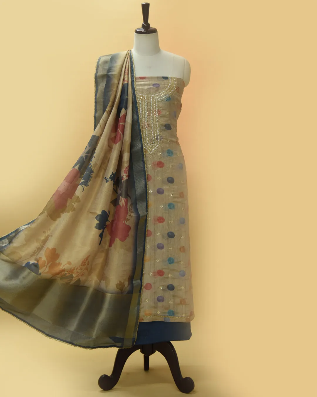 Beige With Blue Silk Tissue Blend Printed With Hand Embroidery Unstitched Suit Fabric Set With Silk Tissue Blend Dupatta