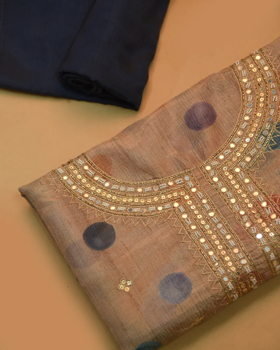 Beige With Blue Silk Tissue Blend Printed With Hand Embroidery Unstitched Suit Fabric Set With Silk Tissue Blend Dupatta