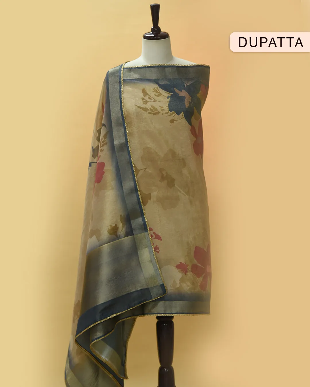 Beige With Blue Silk Tissue Blend Printed With Hand Embroidery Unstitched Suit Fabric Set With Silk Tissue Blend Dupatta