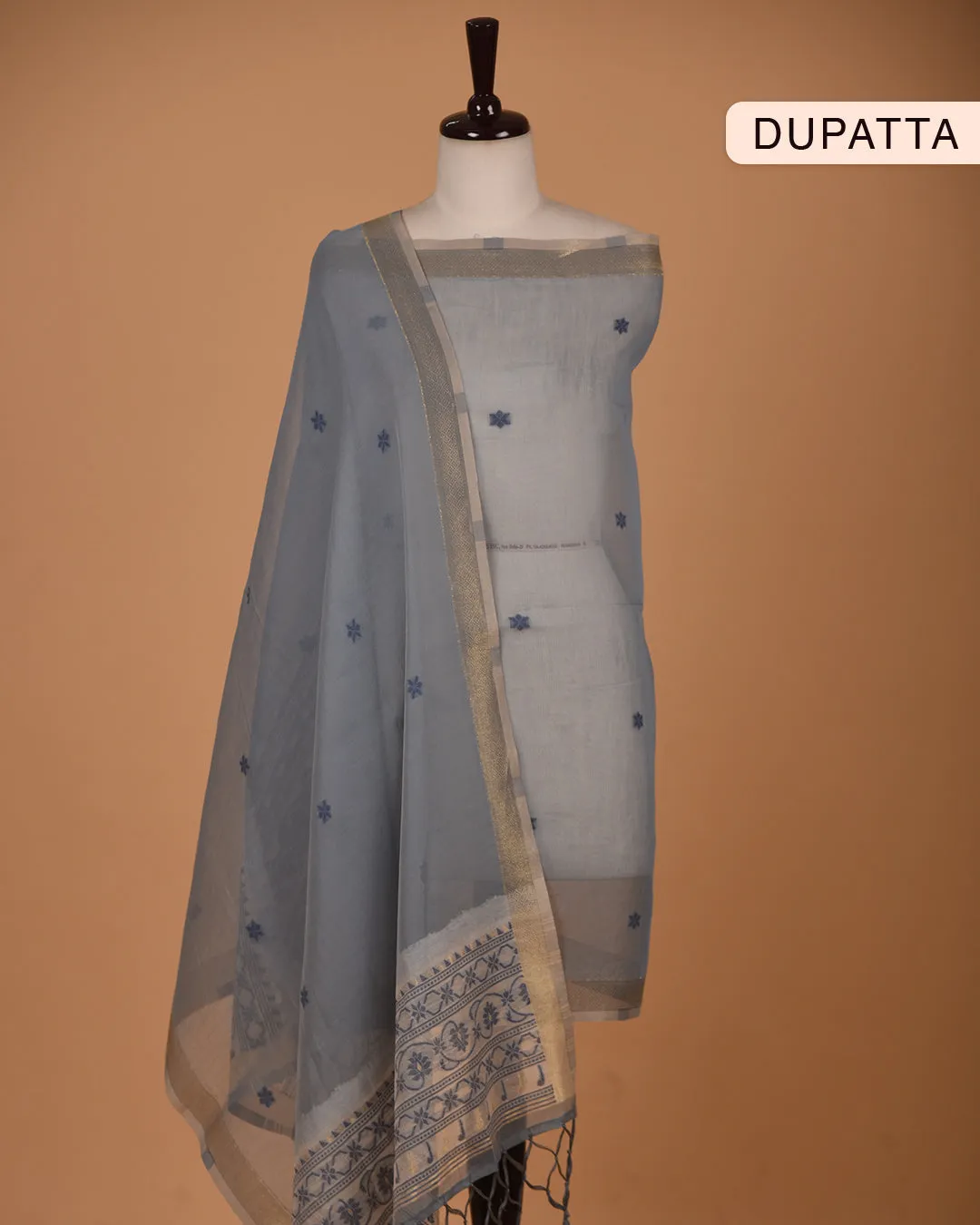 Beige With Gray Chanderi Linen Blend Jamdani Woven With Embroidery Unstitched Suit Fabric Set With Chanderi Woven Dupatta