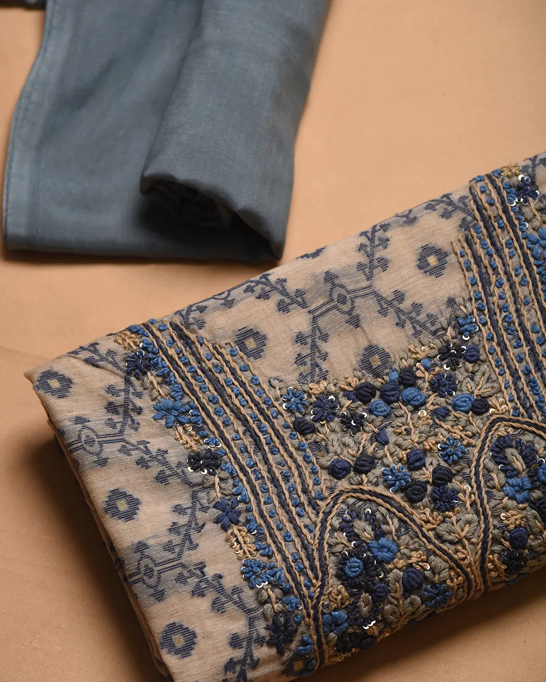 Beige With Gray Chanderi Linen Blend Jamdani Woven With Embroidery Unstitched Suit Fabric Set With Chanderi Woven Dupatta