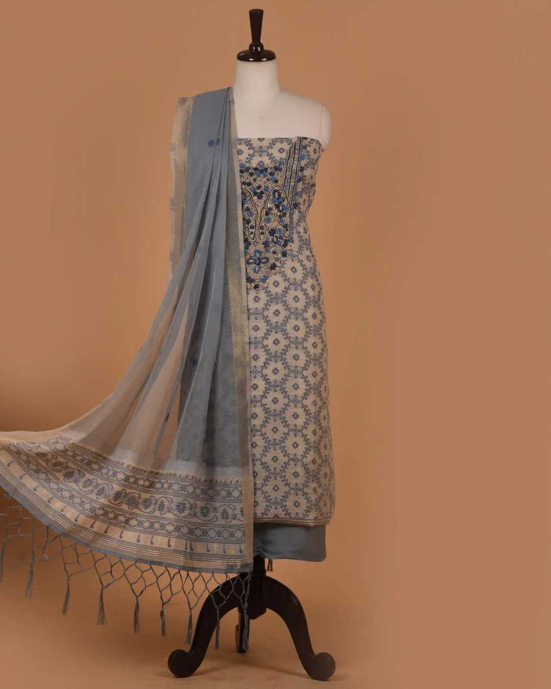 Beige With Gray Chanderi Linen Blend Jamdani Woven With Embroidery Unstitched Suit Fabric Set With Chanderi Woven Dupatta