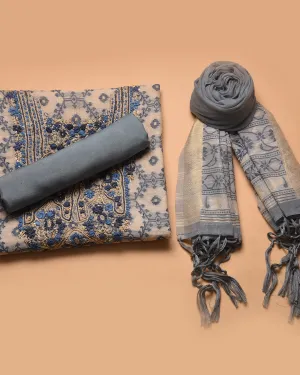 Beige With Gray Chanderi Linen Blend Jamdani Woven With Embroidery Unstitched Suit Fabric Set With Chanderi Woven Dupatta