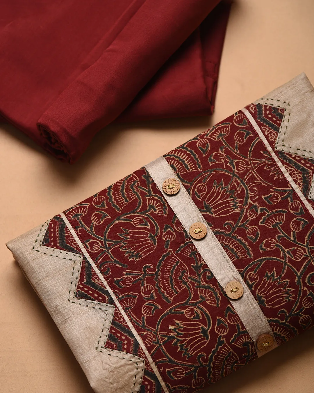 Beige With Maroon Tussar Silk Printed With Embroidery Unstitched Suit Fabric Set With Chanderi Printed Dupatta (Copy)