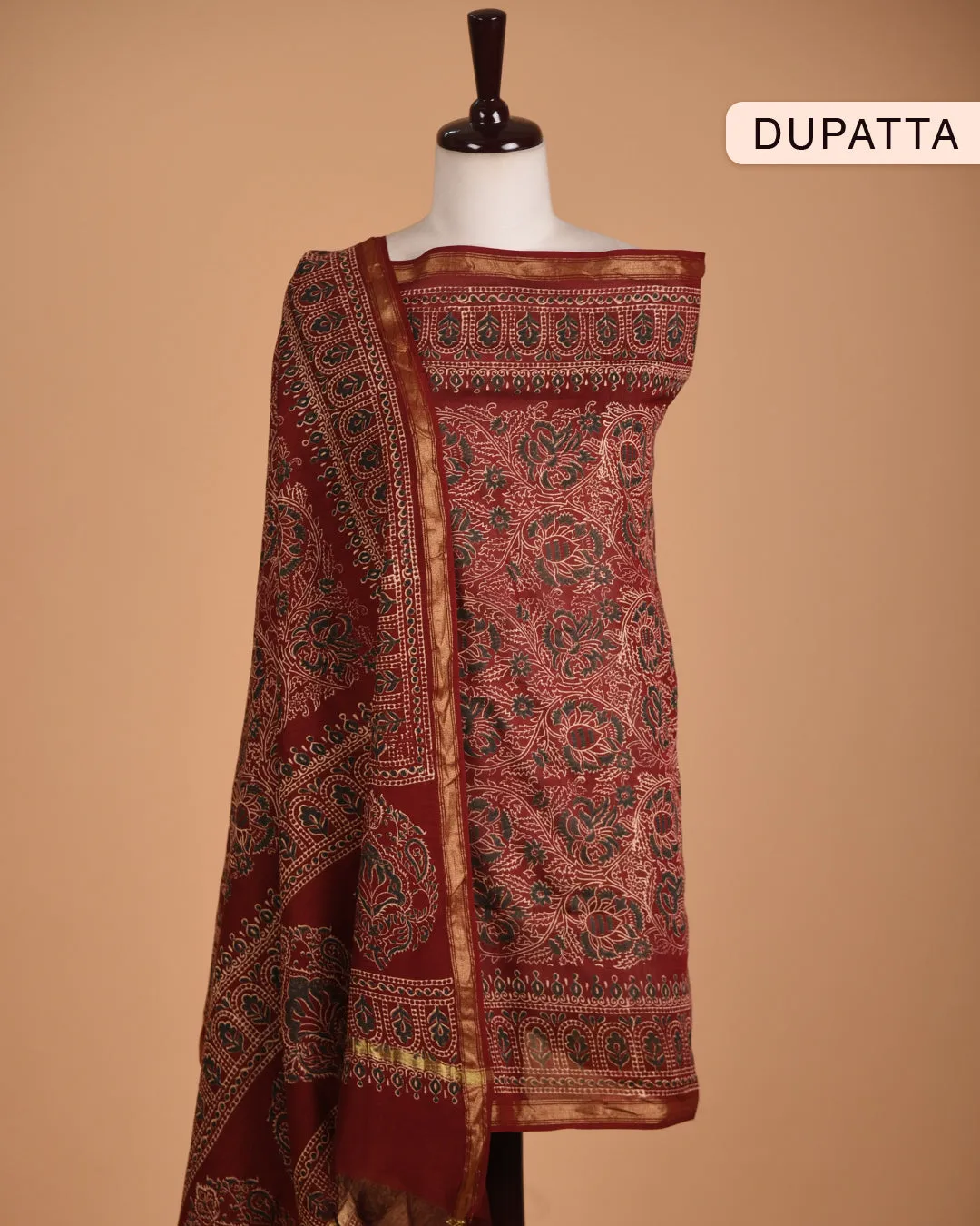 Beige With Maroon Tussar Silk Printed With Embroidery Unstitched Suit Fabric Set With Chanderi Printed Dupatta (Copy)
