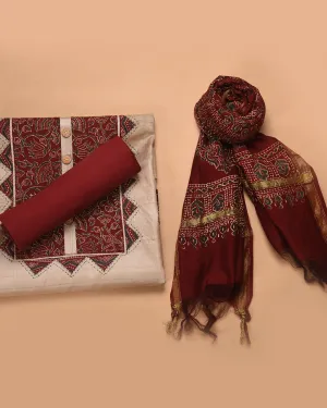 Beige With Maroon Tussar Silk Printed With Embroidery Unstitched Suit Fabric Set With Chanderi Printed Dupatta (Copy)