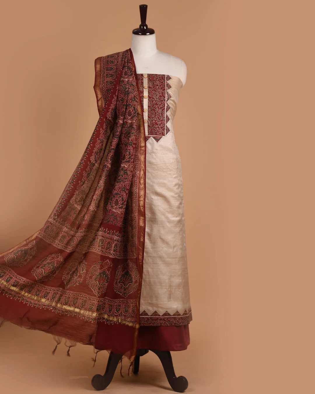 Beige With Maroon Tussar Silk Printed With Embroidery Unstitched Suit Fabric Set With Chanderi Printed Dupatta (Copy)