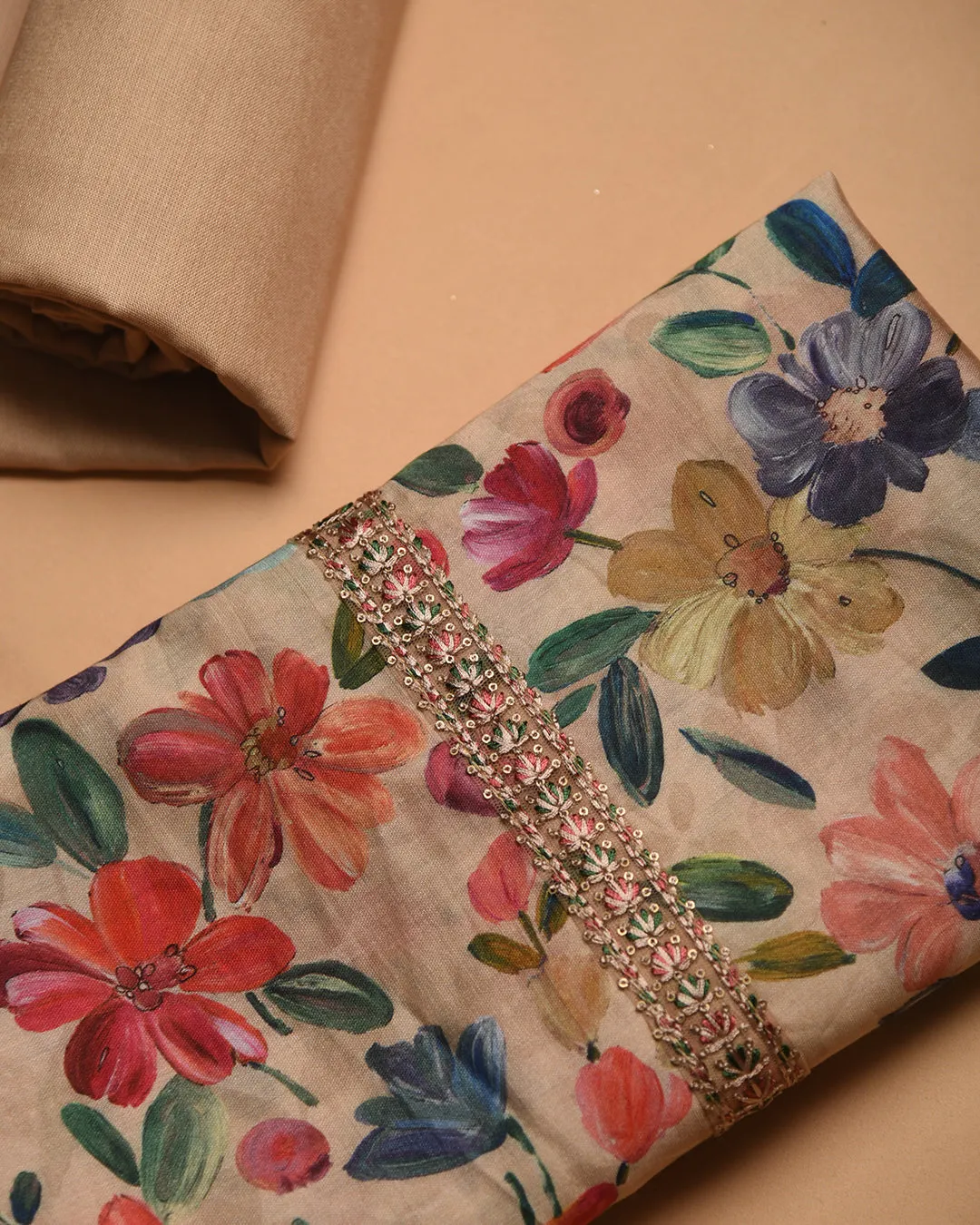 Beige With Multicolor Cotton Glazed Printed With Embroidery Unstitched Suit Fabric Set With Muslin Dupatta