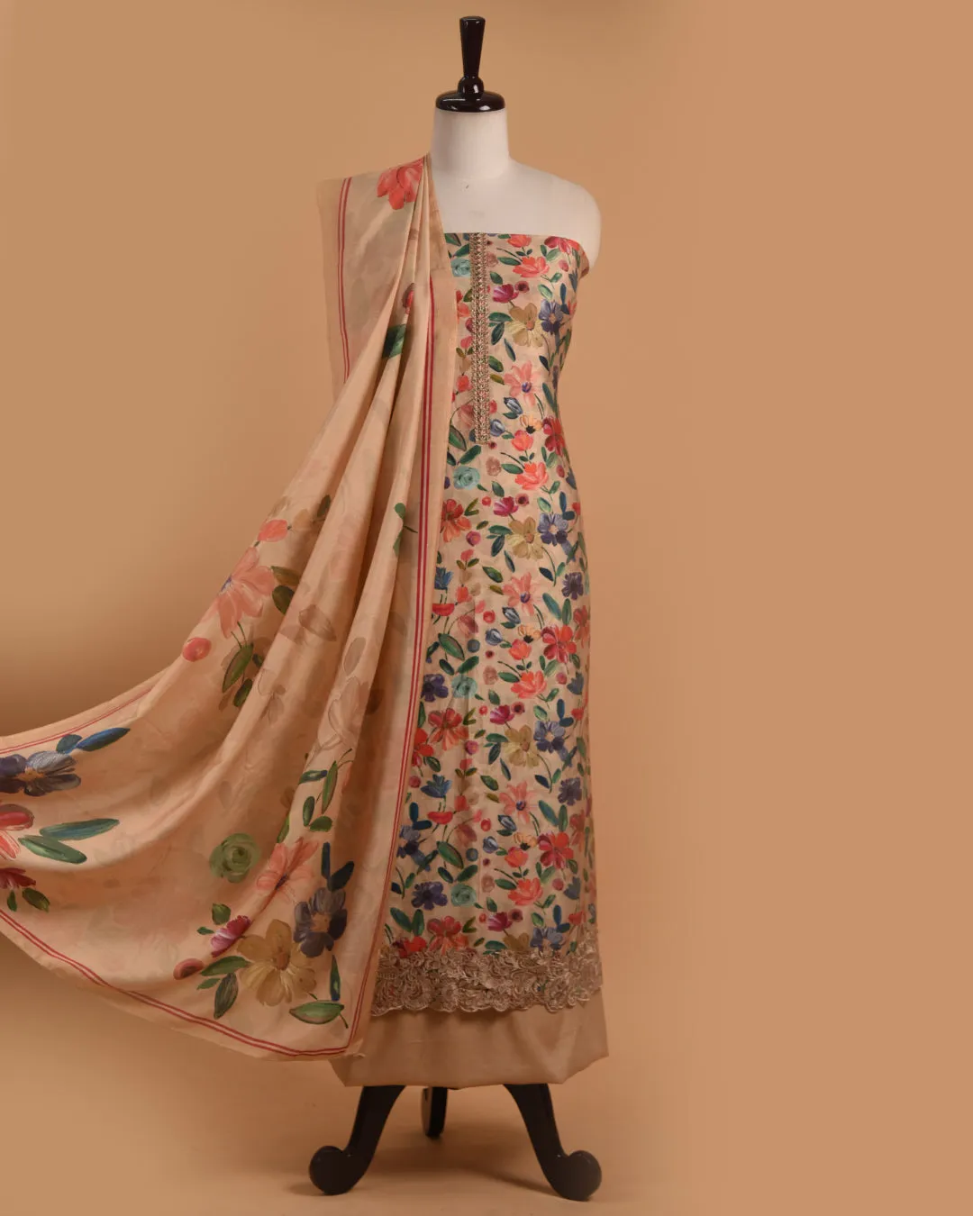 Beige With Multicolor Cotton Glazed Printed With Embroidery Unstitched Suit Fabric Set With Muslin Dupatta