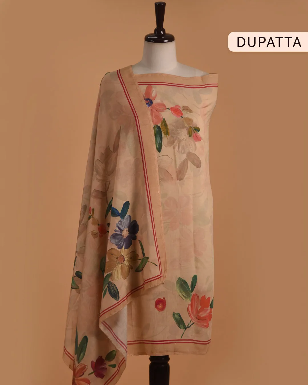 Beige With Multicolor Cotton Glazed Printed With Embroidery Unstitched Suit Fabric Set With Muslin Dupatta