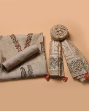 Beige With Orange Chanderi Linen Blend Printed With Embroidery Unstitched Suit Fabric Set With Chanderi Linen Woven Dupatta