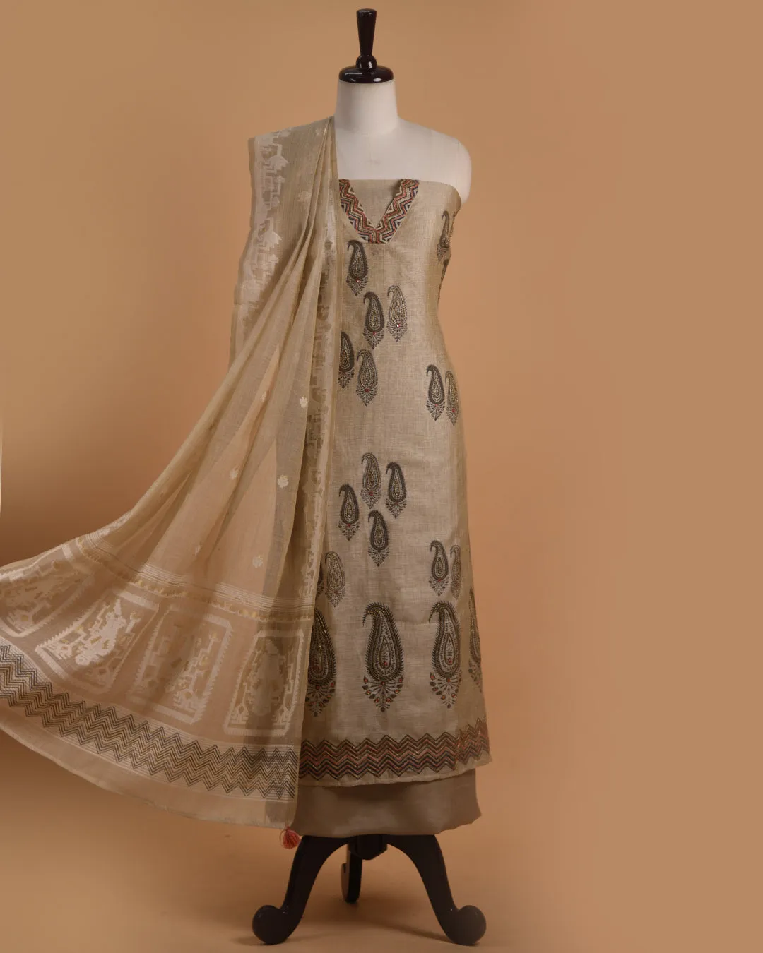 Beige With Orange Chanderi Linen Blend Printed With Embroidery Unstitched Suit Fabric Set With Chanderi Linen Woven Dupatta