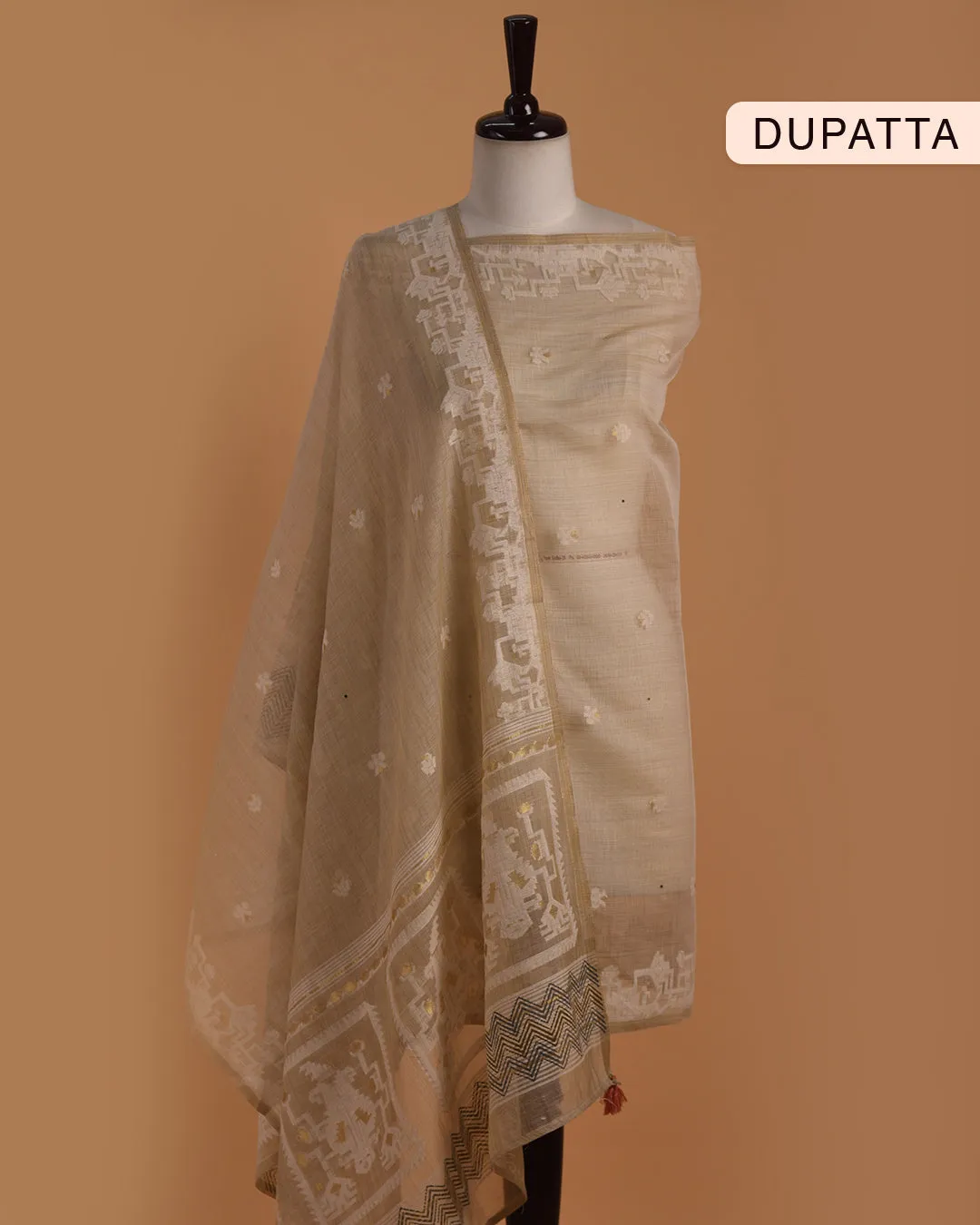 Beige With Orange Chanderi Linen Blend Printed With Embroidery Unstitched Suit Fabric Set With Chanderi Linen Woven Dupatta
