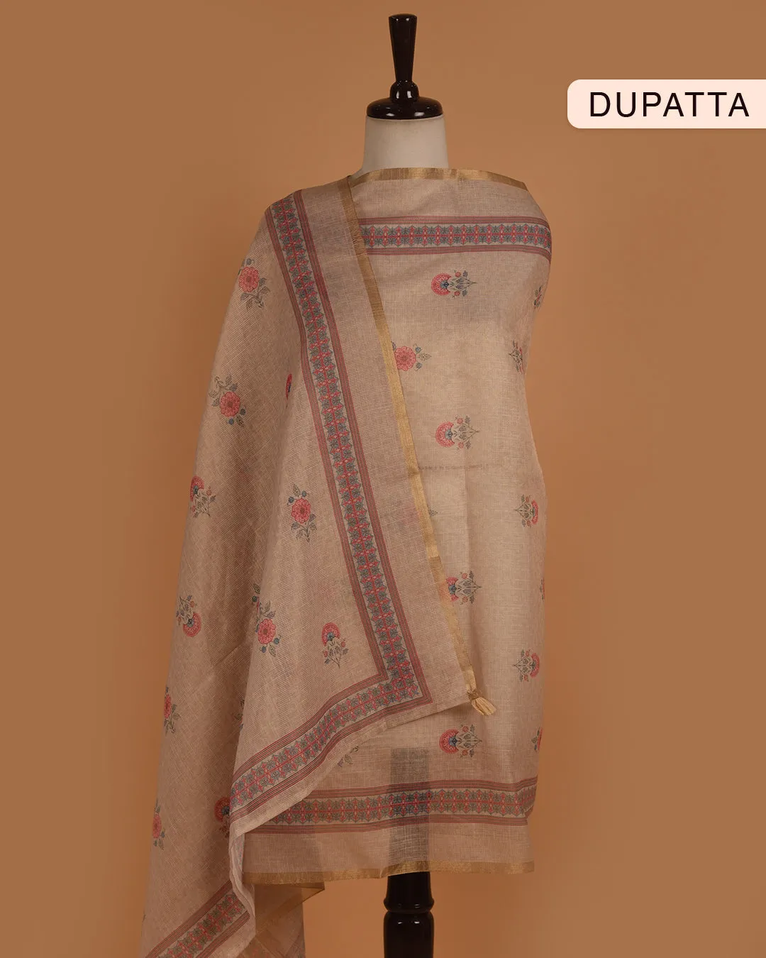 Beige With Pink Linen Tissue Blend Printed With Embroidery Unstitched Suit Fabric Set With Linen Tissue Blend Dupatta
