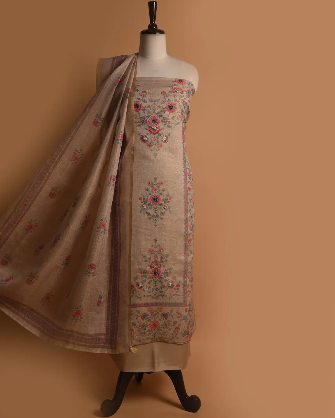 Beige With Pink Linen Tissue Blend Printed With Embroidery Unstitched Suit Fabric Set With Linen Tissue Blend Dupatta