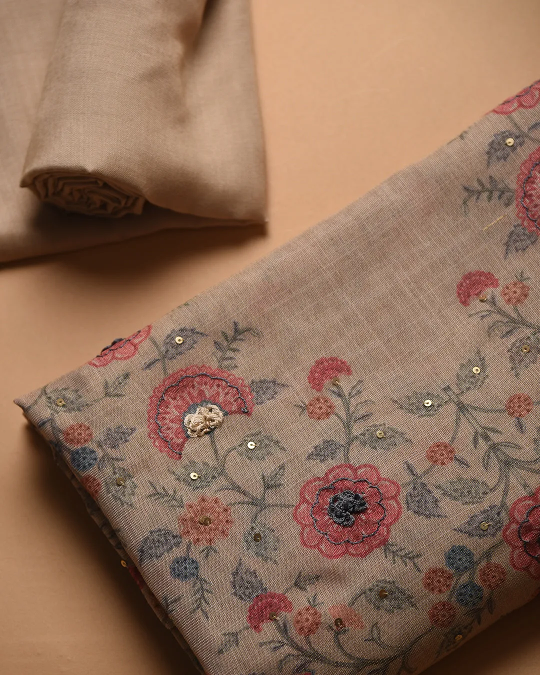 Beige With Pink Linen Tissue Blend Printed With Embroidery Unstitched Suit Fabric Set With Linen Tissue Blend Dupatta