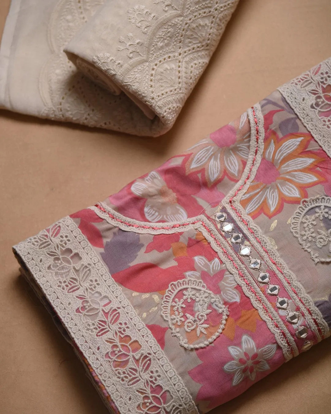 Beige With Pink Muslin Blend Printed With Embroidery Unstitched Suit Fabric Set With Cotton Embroidered Dupatta