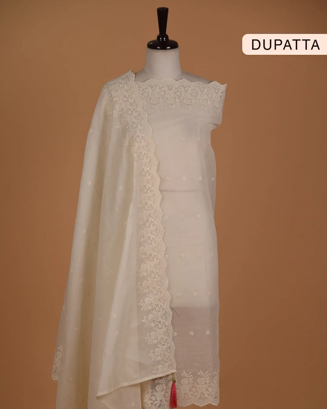 Beige With Pink Muslin Blend Printed With Embroidery Unstitched Suit Fabric Set With Cotton Embroidered Dupatta