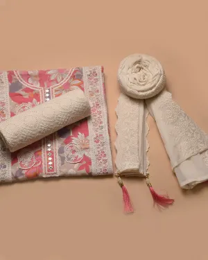 Beige With Pink Muslin Blend Printed With Embroidery Unstitched Suit Fabric Set With Cotton Embroidered Dupatta