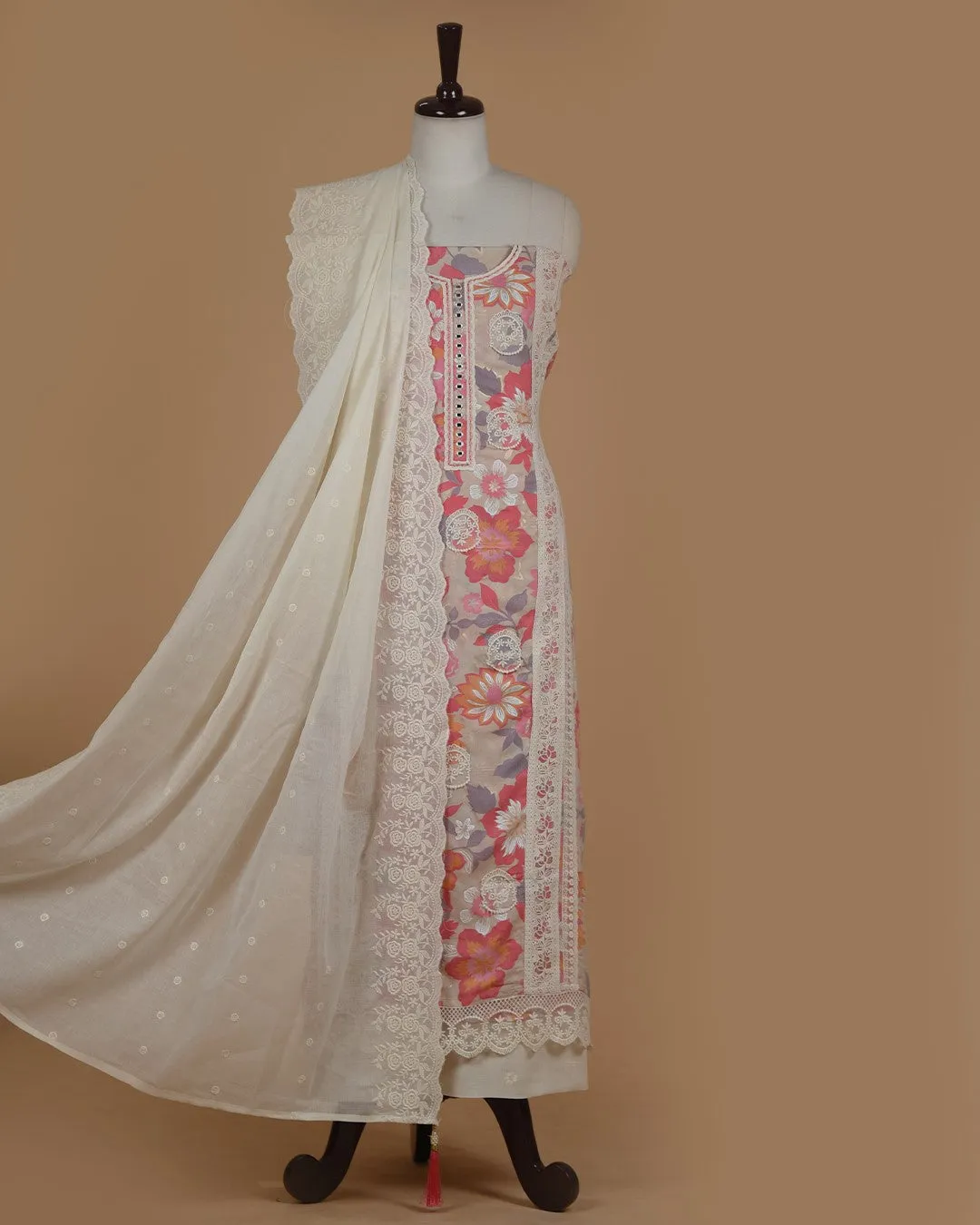 Beige With Pink Muslin Blend Printed With Embroidery Unstitched Suit Fabric Set With Cotton Embroidered Dupatta