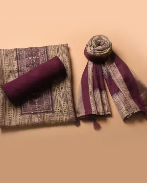 Beige With Wine Cotton Silk Blend Printed With Embroidery Unstitched Suit Fabric Set With Cotton Silk Dupatta