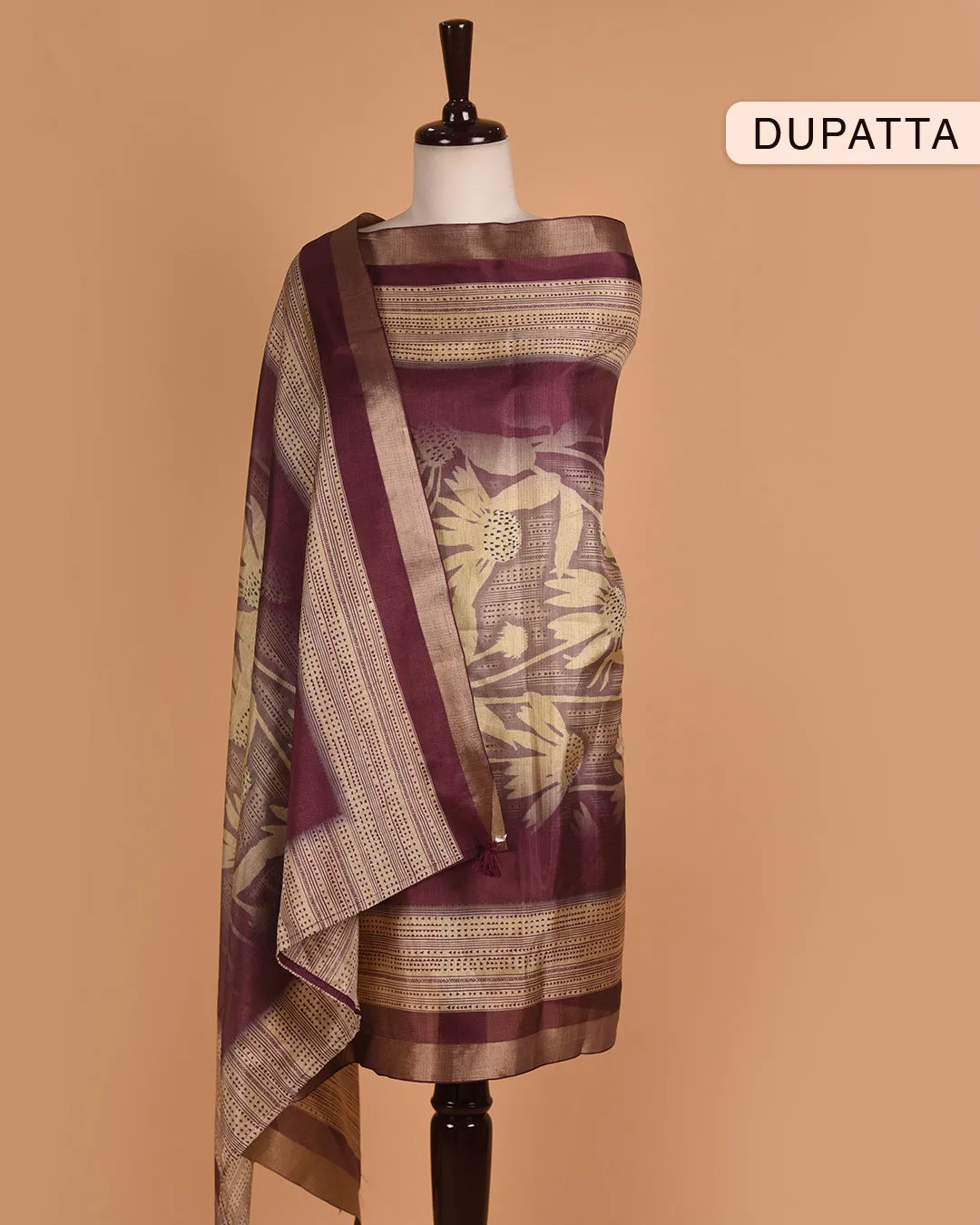 Beige With Wine Cotton Silk Blend Printed With Embroidery Unstitched Suit Fabric Set With Cotton Silk Dupatta