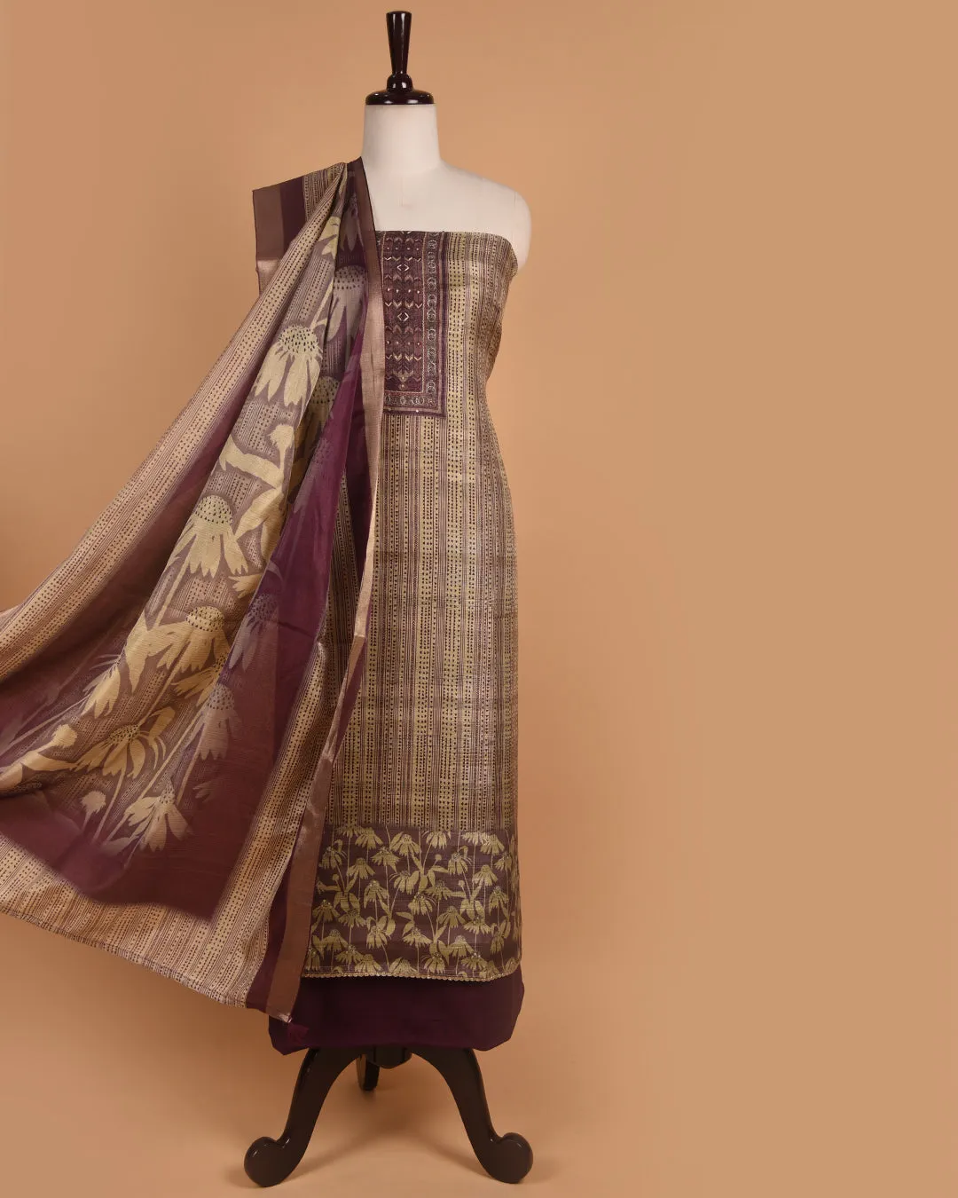 Beige With Wine Cotton Silk Blend Printed With Embroidery Unstitched Suit Fabric Set With Cotton Silk Dupatta