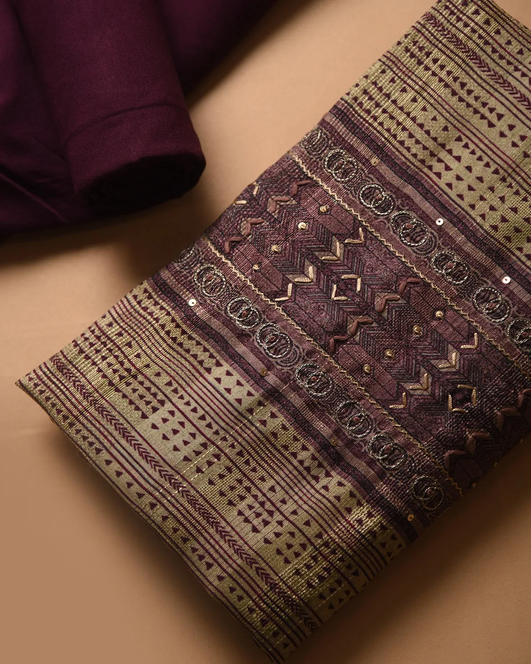 Beige With Wine Cotton Silk Blend Printed With Embroidery Unstitched Suit Fabric Set With Cotton Silk Dupatta
