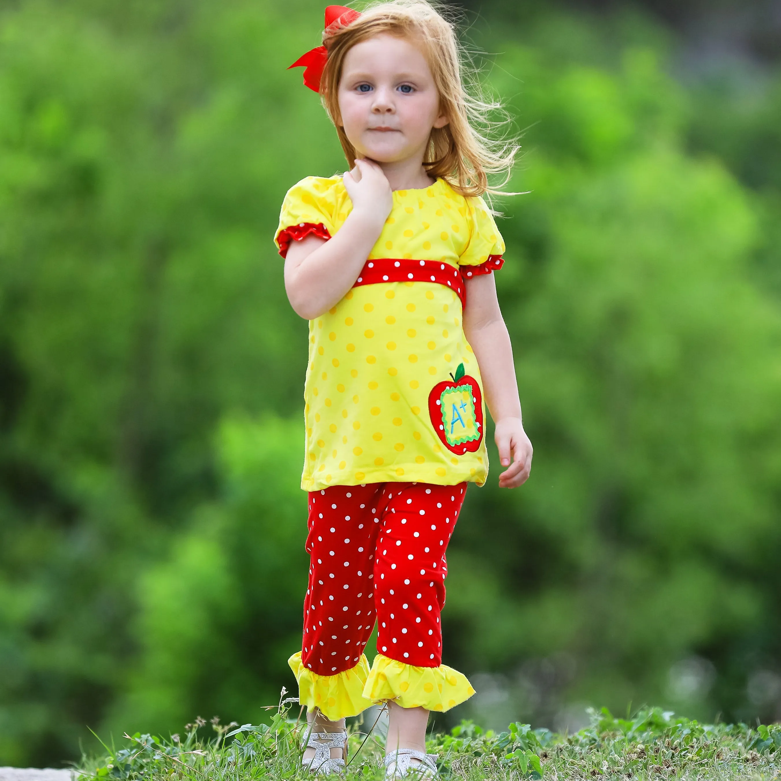 Big Girls Back to School Apple Yellow 2 piece Set Outfit sz 8