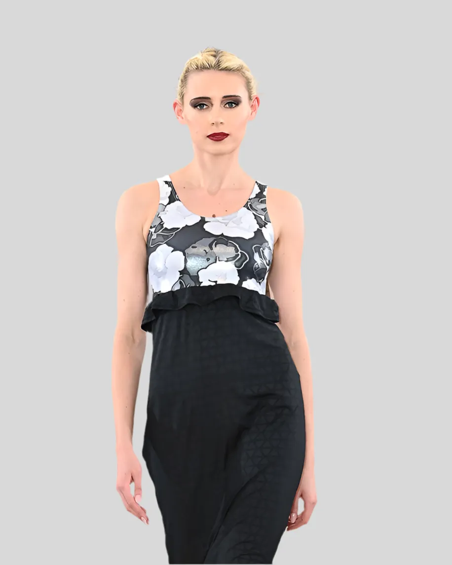 Black and White Rose Foil Sleeveless Empire Waist Dress