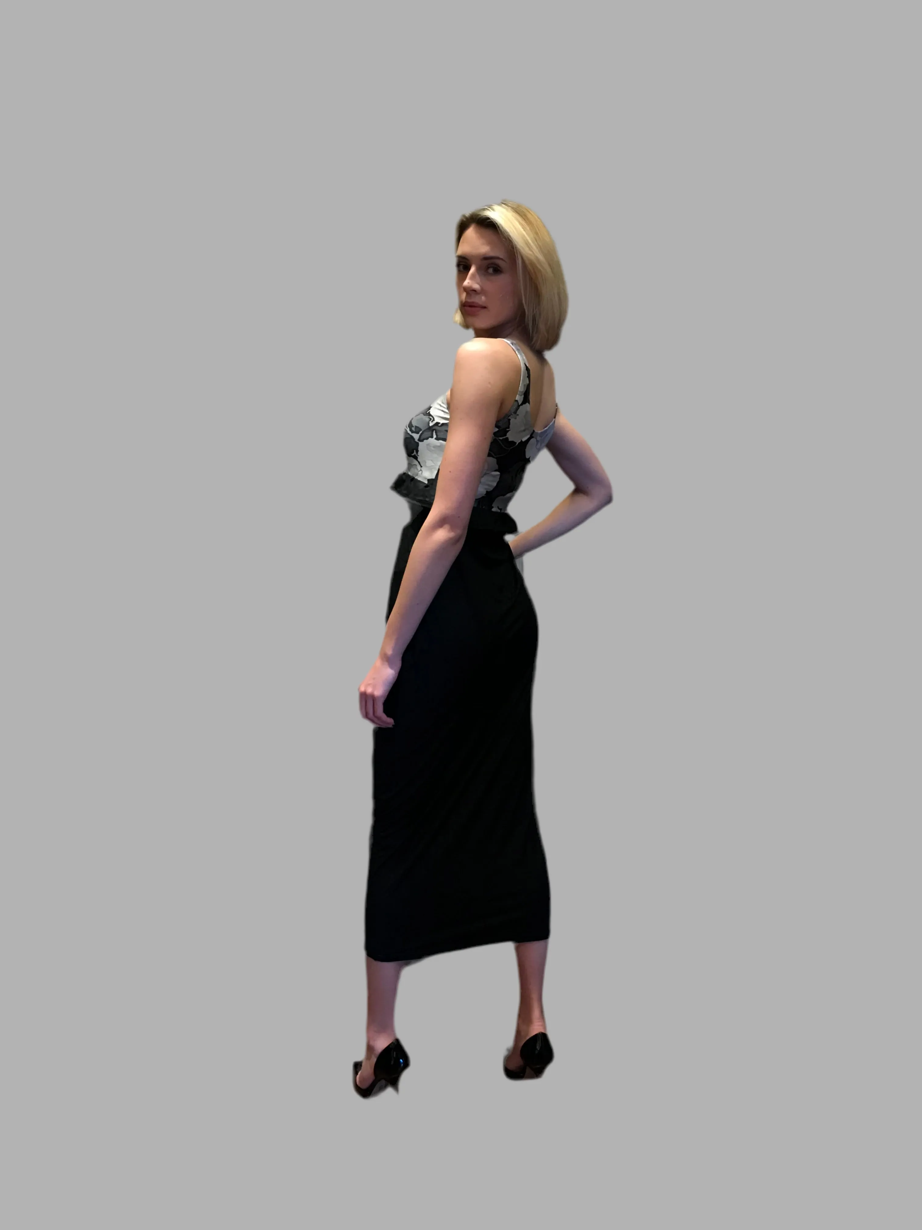 Black and White Rose Foil Sleeveless Empire Waist Dress
