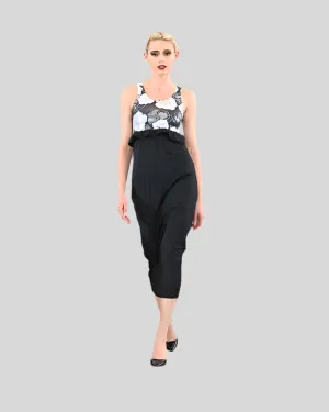 Black and White Rose Foil Sleeveless Empire Waist Dress