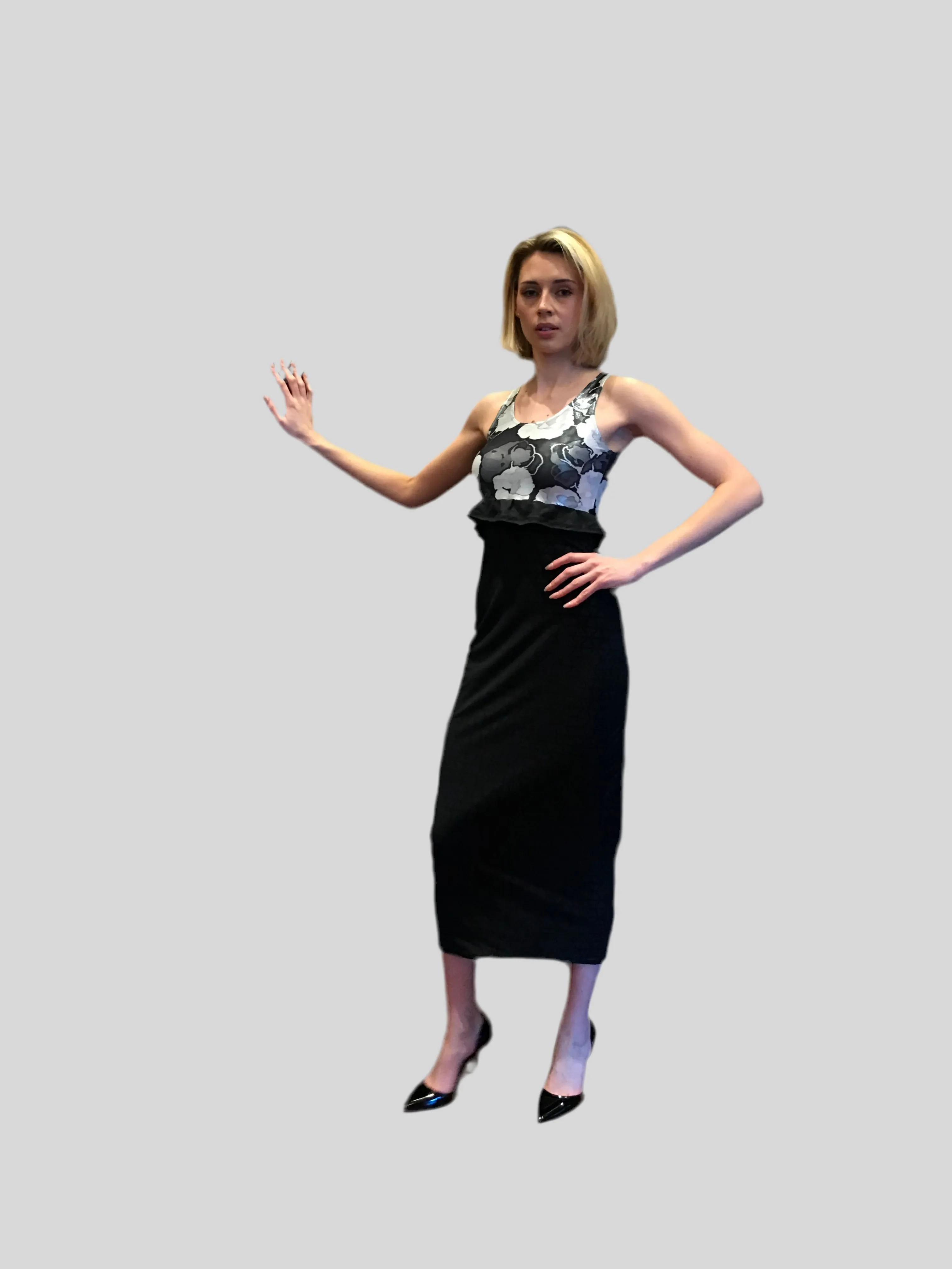 Black and White Rose Foil Sleeveless Empire Waist Dress