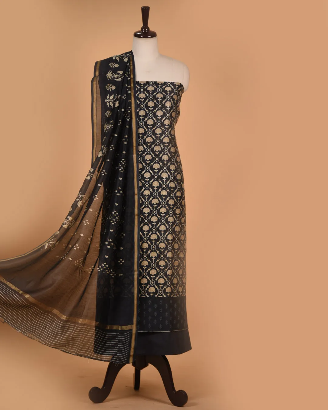 Black Chanderi Printed With Embroidery Unstitched Suit Fabric Set With Chanderi Printed Dupatta