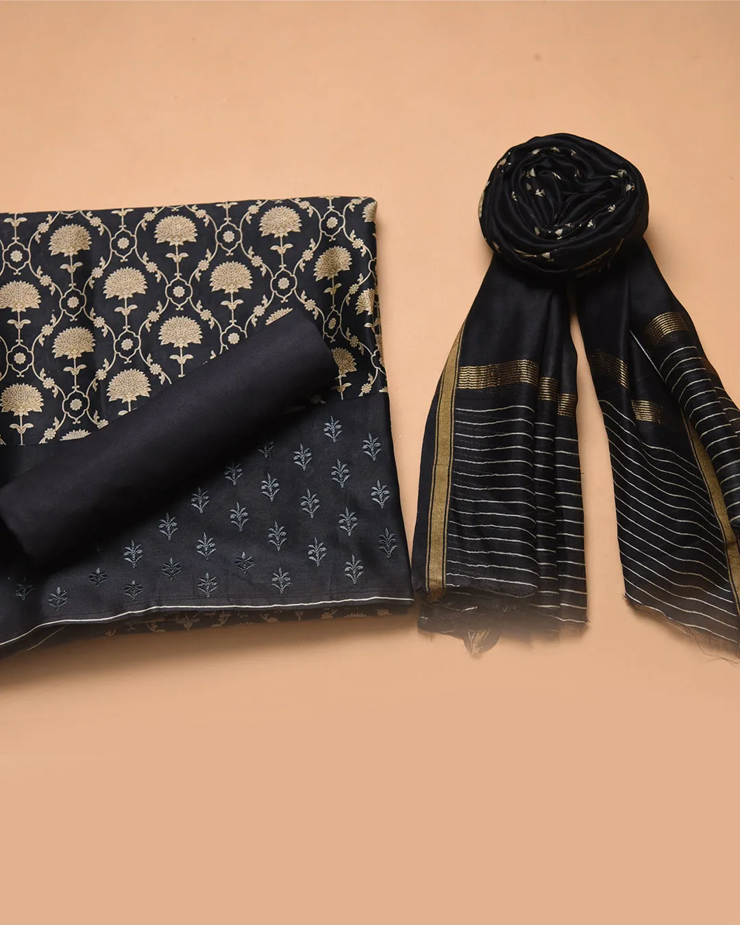 Black Chanderi Printed With Embroidery Unstitched Suit Fabric Set With Chanderi Printed Dupatta