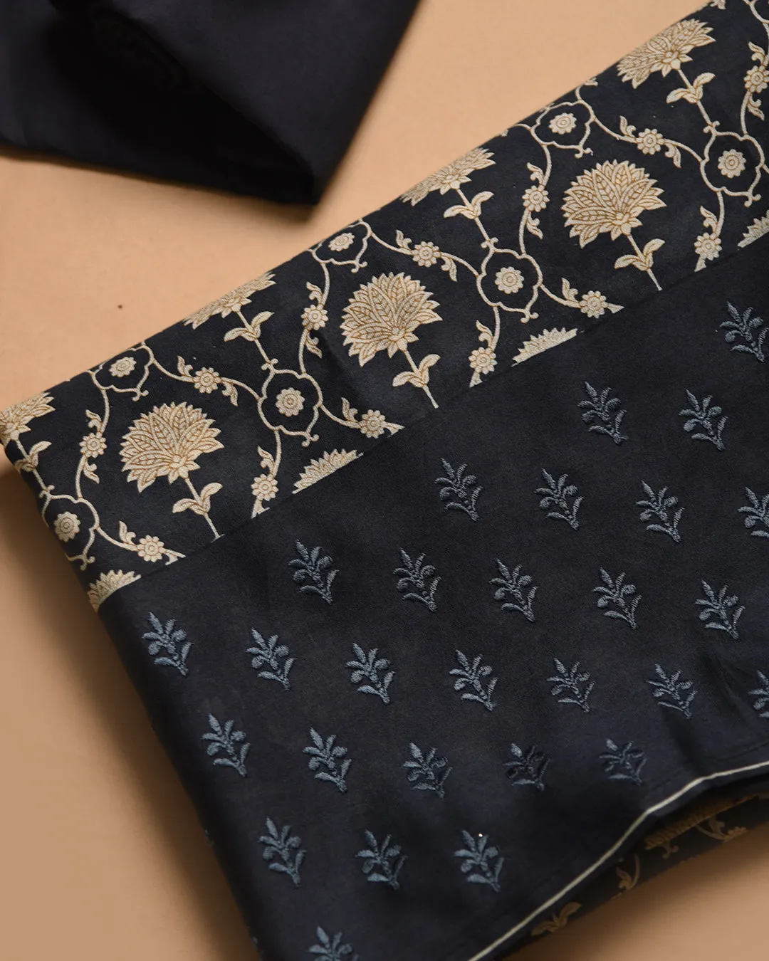 Black Chanderi Printed With Embroidery Unstitched Suit Fabric Set With Chanderi Printed Dupatta