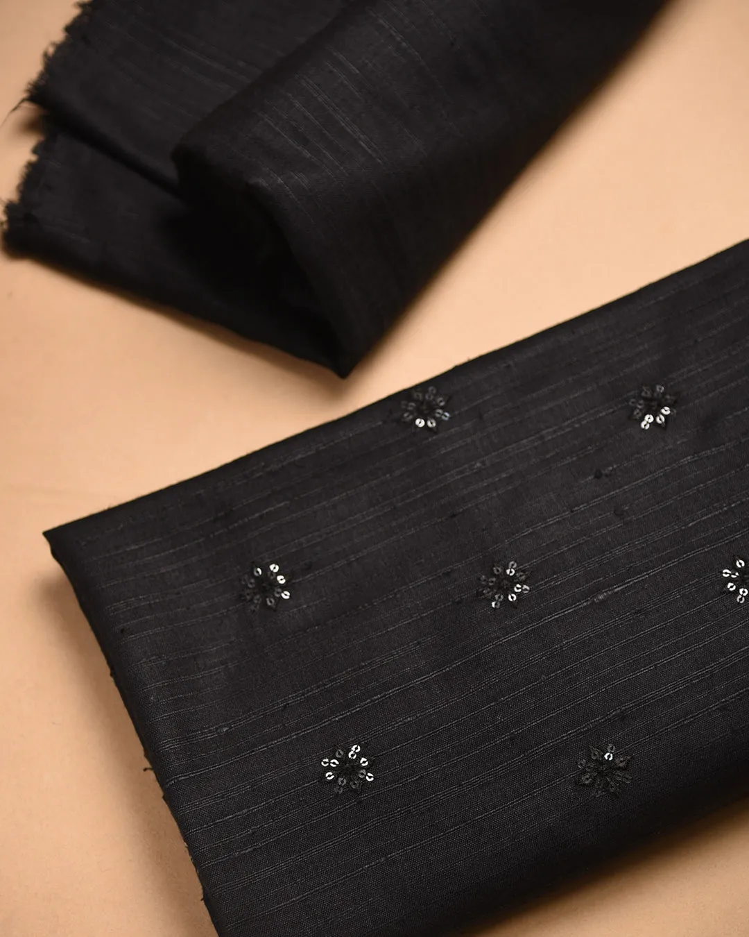 Black Cotton Raw Silk Blend Embroidered Unstitched Suit Fabric Set With Muslin Tie and Dyed Dupatta