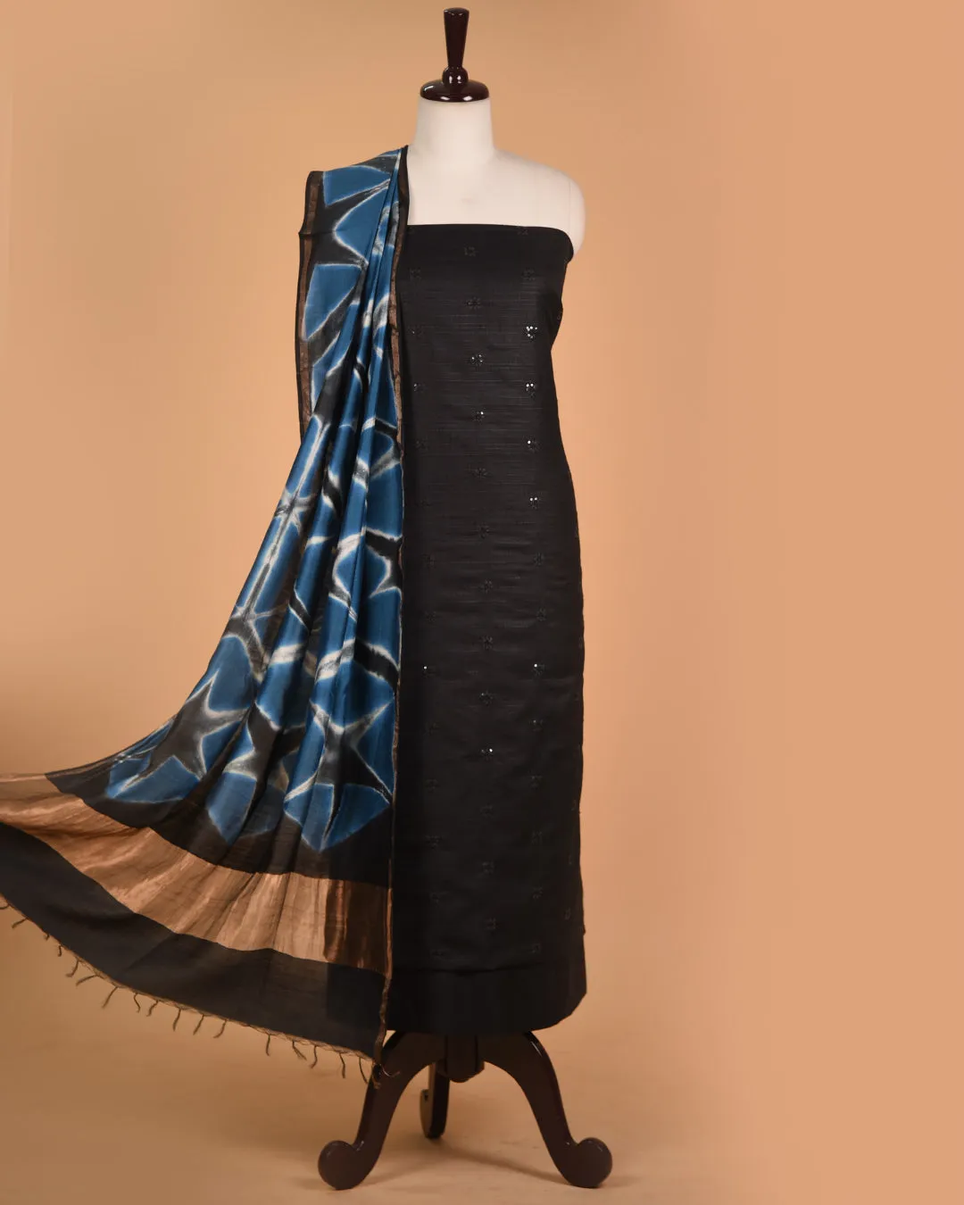 Black Cotton Raw Silk Blend Embroidered Unstitched Suit Fabric Set With Muslin Tie and Dyed Dupatta
