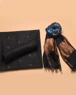 Black Cotton Raw Silk Blend Embroidered Unstitched Suit Fabric Set With Muslin Tie and Dyed Dupatta