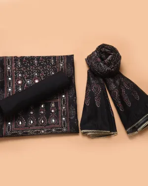 Black Cotton Silk Blend Printed With Embroidery Unstitched Suit Fabric Set With Cotton Silk Printed Dupatta