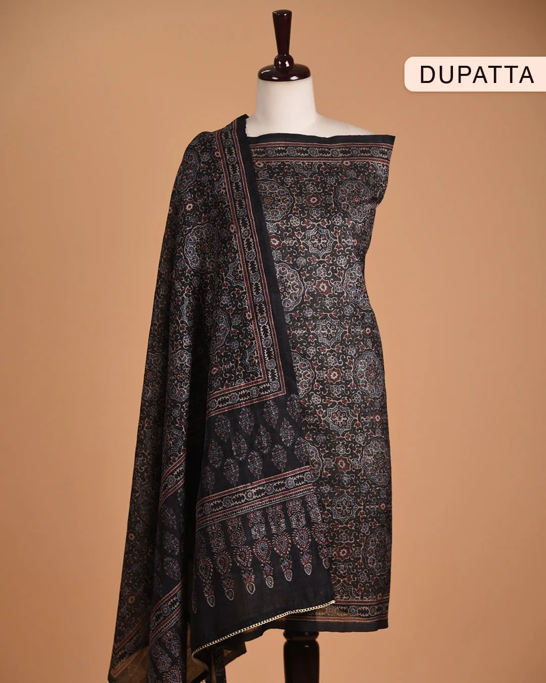 Black Cotton Silk Blend Printed With Embroidery Unstitched Suit Fabric Set With Cotton Silk Printed Dupatta