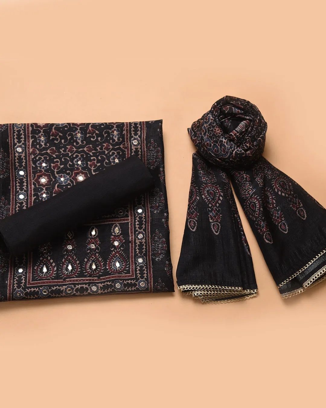 Black Cotton Silk Blend Printed With Embroidery Unstitched Suit Fabric Set With Cotton Silk Printed Dupatta