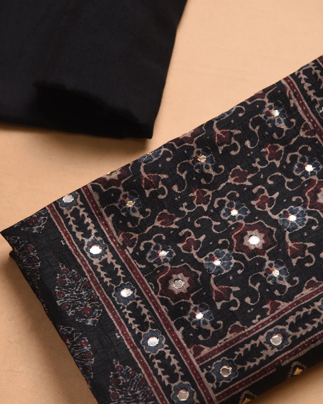 Black Cotton Silk Blend Printed With Embroidery Unstitched Suit Fabric Set With Cotton Silk Printed Dupatta