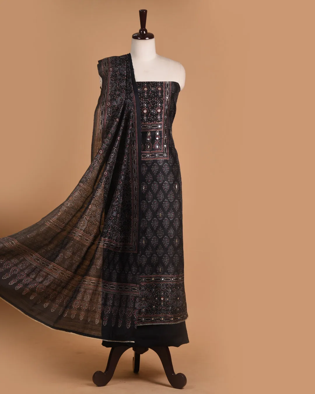 Black Cotton Silk Blend Printed With Embroidery Unstitched Suit Fabric Set With Cotton Silk Printed Dupatta