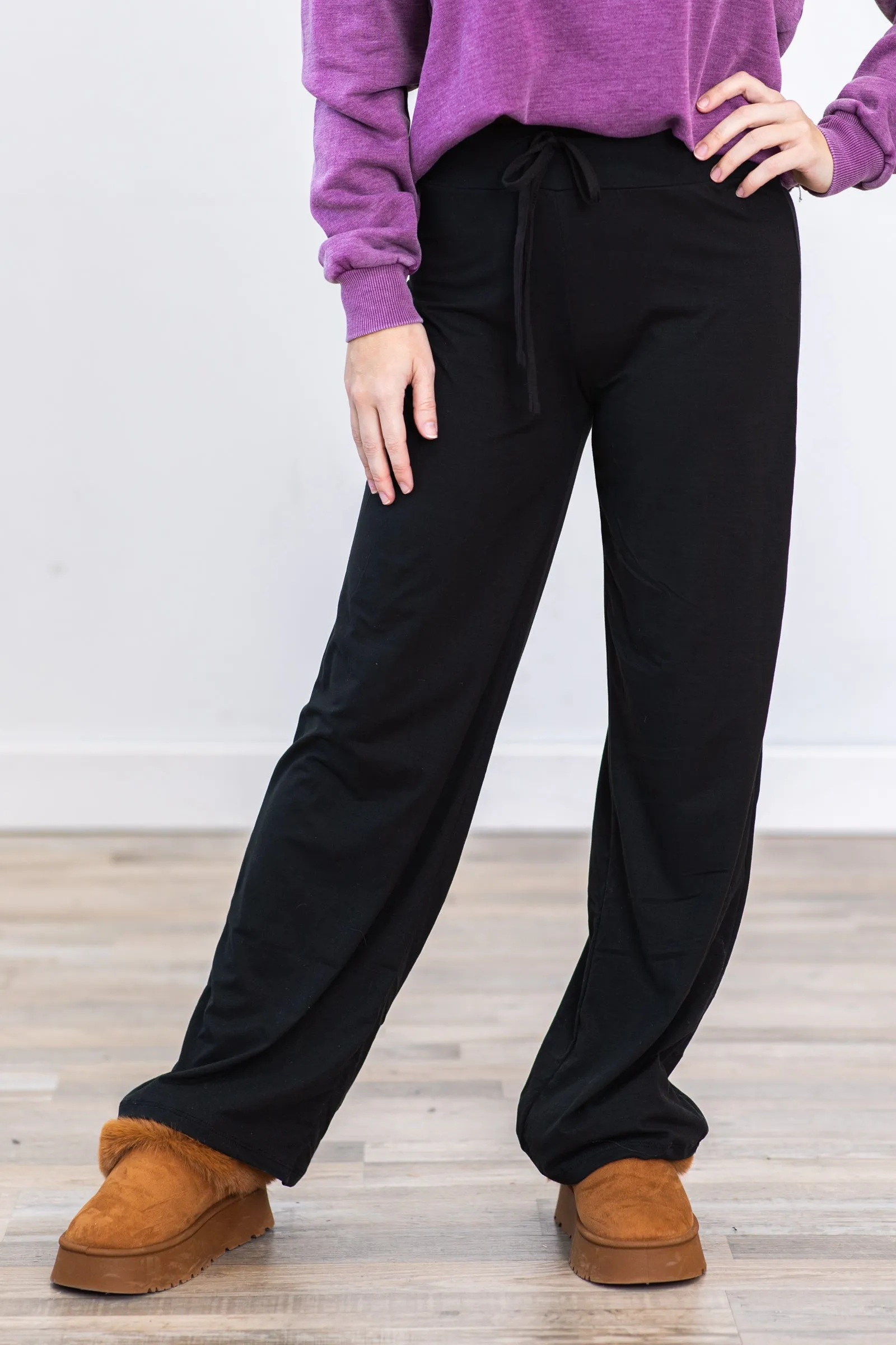 Black Drawstring Wide Leg Pants