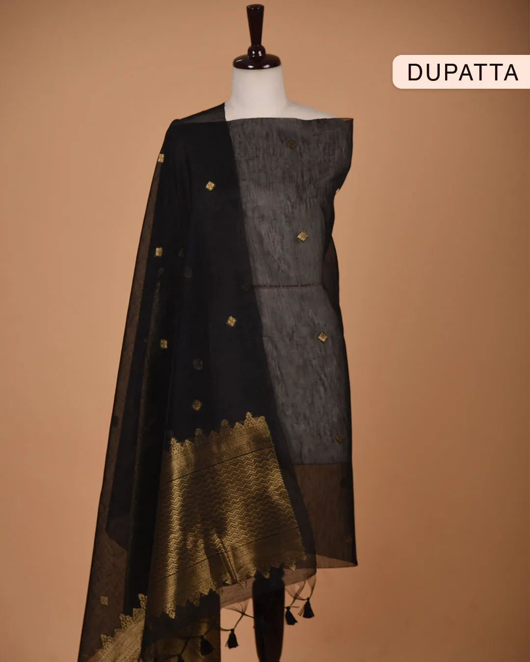 Black Linen Silk Blend Woven Unstitched Suit Fabric Set With Linen Silk Blend Woven Dupatta
