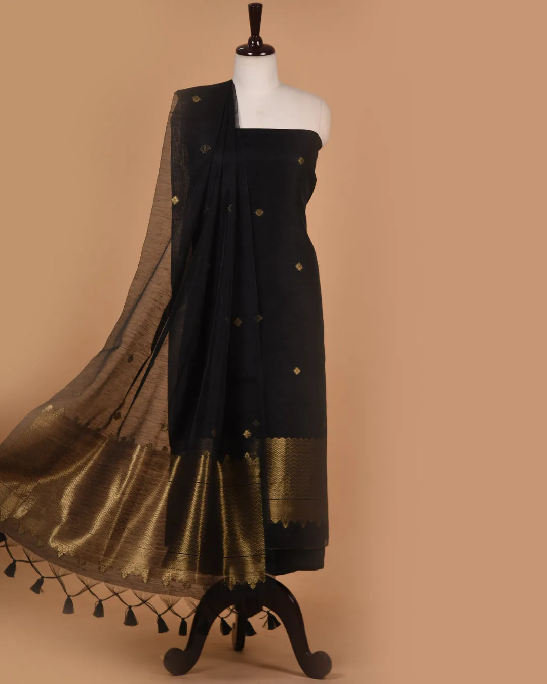 Black Linen Silk Blend Woven Unstitched Suit Fabric Set With Linen Silk Blend Woven Dupatta