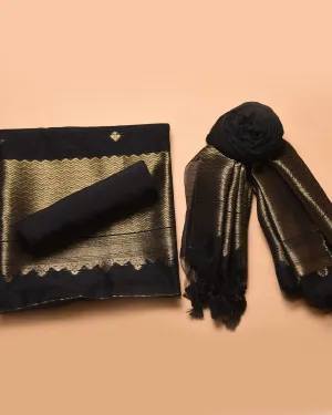 Black Linen Silk Blend Woven Unstitched Suit Fabric Set With Linen Silk Blend Woven Dupatta