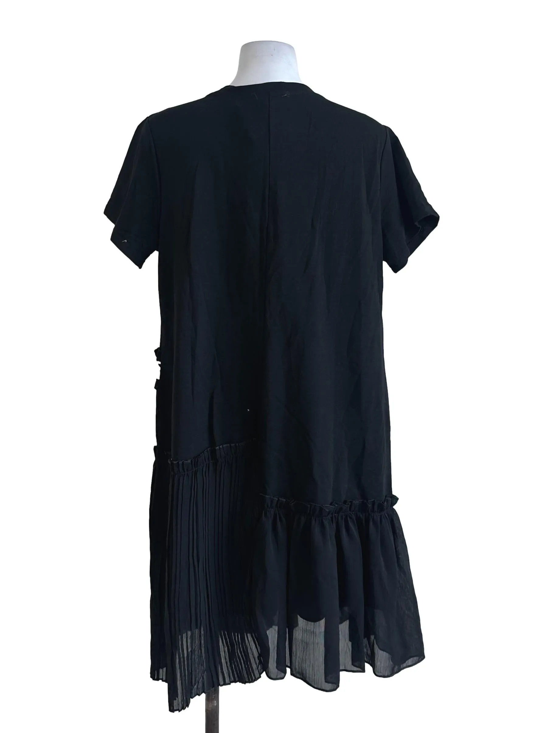 Black Plain Pleated Ruffle Dress